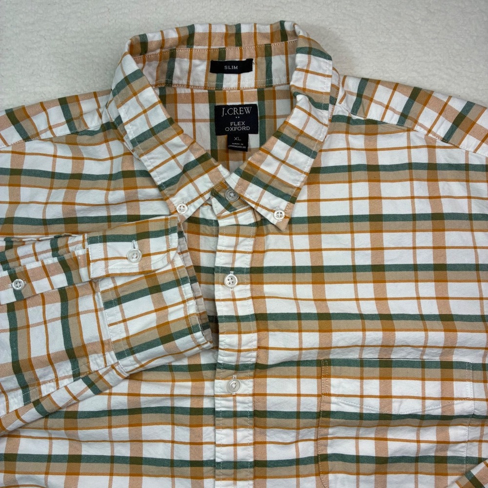J Crew Slim Fit Plaid Button Down Shirt Men's Large Orange Green White Oxford
